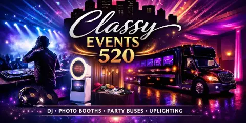 A promotional graphic for Classy Events 520 featuring a DJ, a photobooth, and a party bus in a vibrant, colorful setting.