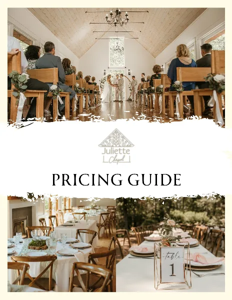 A collage showing a wedding ceremony inside a chapel with wooden pews, and two reception tables set with white linens and floral centerpieces.
