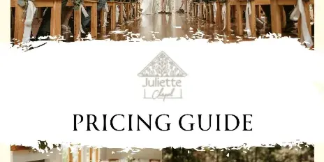 A collage showing a wedding ceremony inside a chapel with wooden pews, and two reception tables set with white linens and floral centerpieces.