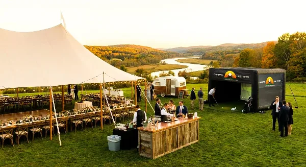 An outdoor event setup featuring a large white tent, dining tables, and a mobile golf simulator branded 'Sunrise Tee Time'.