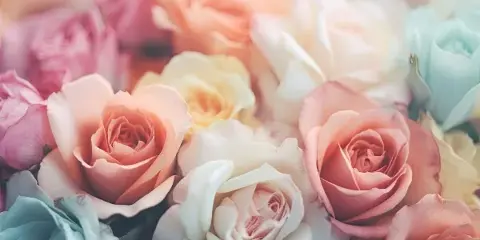 Close-up of a floral arrangement with pastel pink, peach, white, and blue roses.