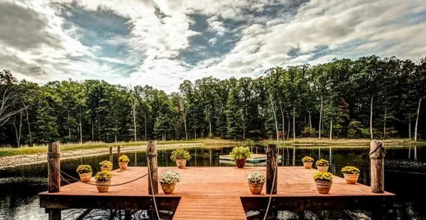 A wooden dock decorated with potted plants extending into a pond surrounded by a forest.