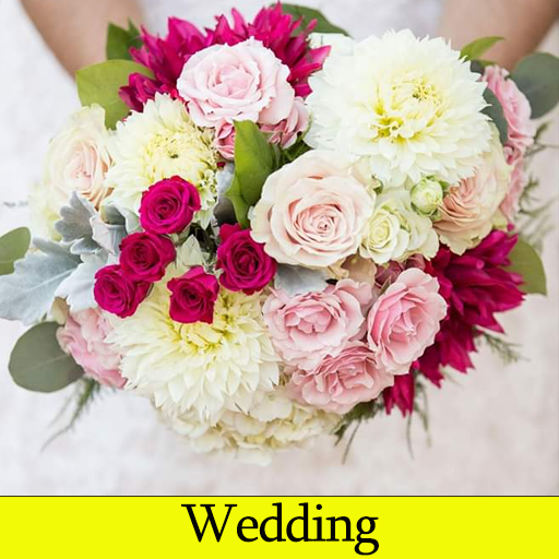 A close-up photograph of a floral bouquet containing pink and white roses, dahlias, and greenery, with the word 'Wedding' printed on a yellow banner at the bottom.