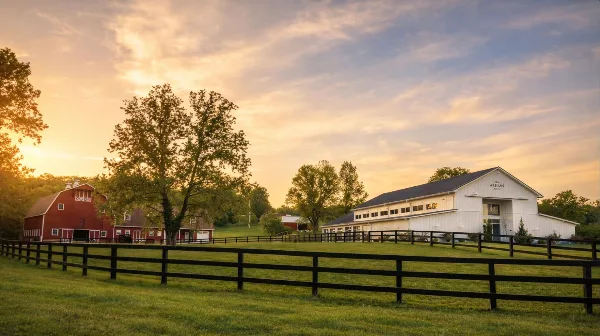 A wide shot of a farm at sunset featuring a red barn on the left and a white event venue building labeled 'The Artisan' on the right, separated by a grassy field and black fencing.