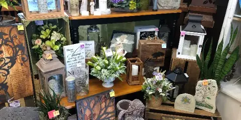 Interior view of a floral shop displaying flower arrangements, potted plants, and decorative gifts on wooden shelves.