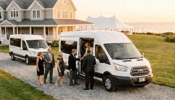 A white Ford Transit van with a driver assisting formally dressed guests at a coastal wedding venue with a white tent in the background.