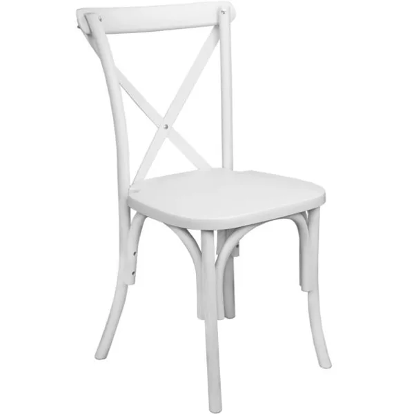 A white wooden cross-back chair on a white background