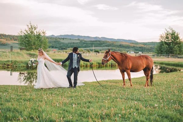 A bride and groom walking hand-in-hand with a horse in a grassy field near a pond, with mountains in the background.