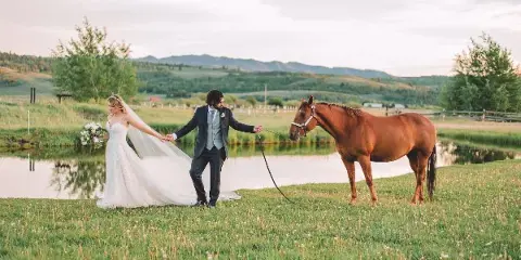 A bride and groom walking hand-in-hand with a horse in a grassy field near a pond, with mountains in the background.