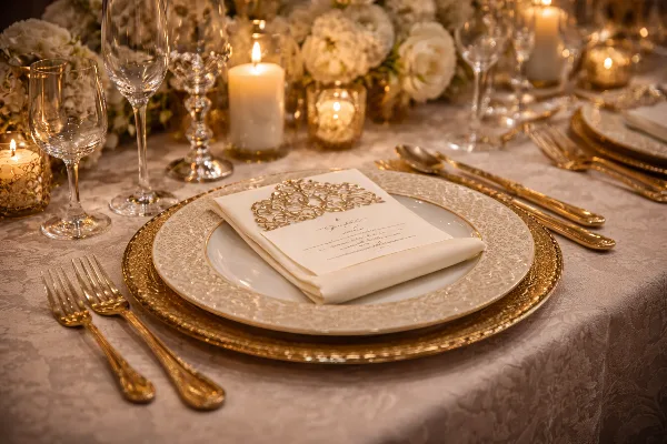 A close-up of an elegant event table setting with gold charger plates, glassware, and cutlery.