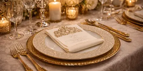 A close-up of an elegant event table setting with gold charger plates, glassware, and cutlery.