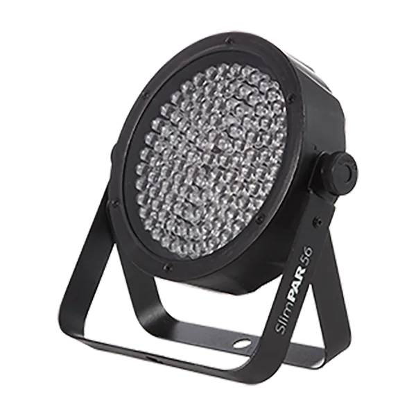 A black professional LED uplight fixture with a stand, labeled SlimPAR 56.