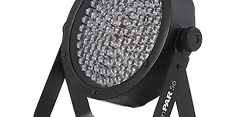 A black professional LED uplight fixture with a stand, labeled SlimPAR 56.