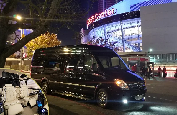 A black Mercedes Sprinter van parked at night with an inset showing the white leather interior seating.
