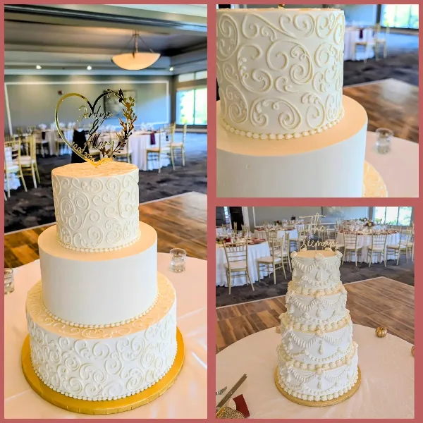 A collage of three photographs showing white, multi-tiered wedding cakes with intricate piping and toppers displayed in a banquet hall.