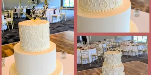 A collage of three photographs showing white, multi-tiered wedding cakes with intricate piping and toppers displayed in a banquet hall.