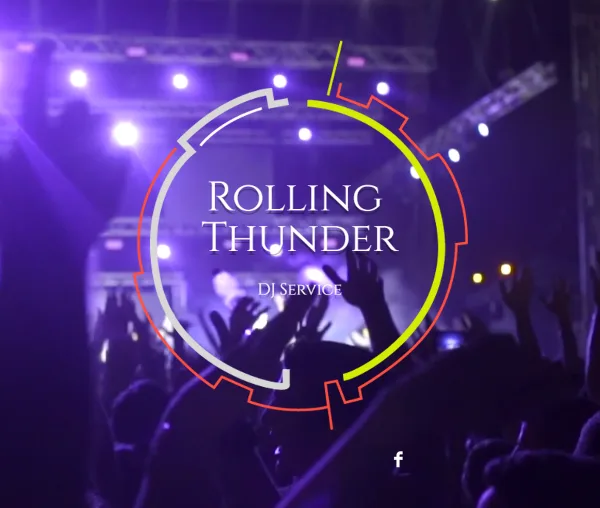 Crowd at a lit event with stage lights and Rolling Thunder DJ Service branding overlaid