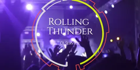 Crowd at a lit event with stage lights and Rolling Thunder DJ Service branding overlaid