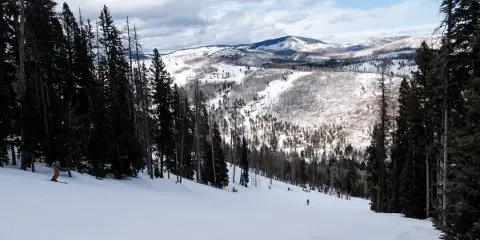 A wide view of a snow-covered ski slope with evergreen trees and a mountain lodge in the distance.