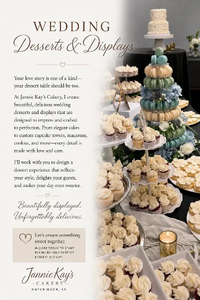 Wedding dessert display with a small cake, macarons, cupcakes, and floral decorations.