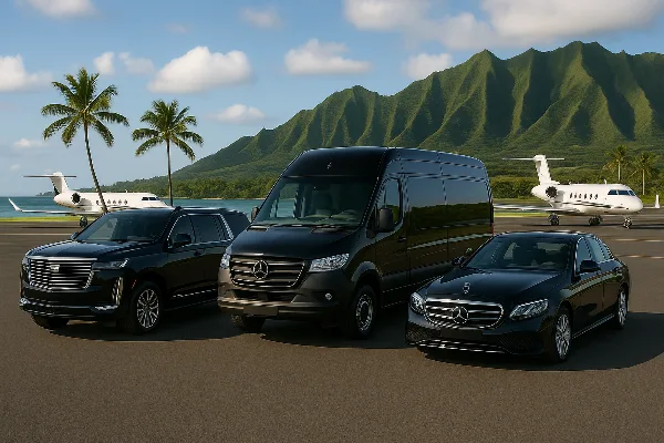 A lineup of black luxury vehicles including an SUV, a van, and a sedan parked on a tarmac with a tropical mountain landscape in the background.