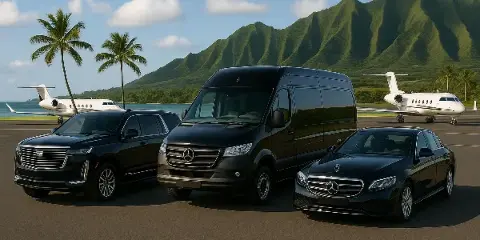 A lineup of black luxury vehicles including an SUV, a van, and a sedan parked on a tarmac with a tropical mountain landscape in the background.