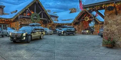 A fleet of black luxury SUVs parked in the driveway of a snow-covered mountain resort lodge.