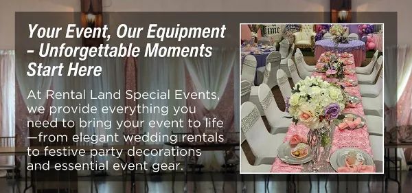 A decorated event table with white chairs, pink table runners, and floral centerpieces.