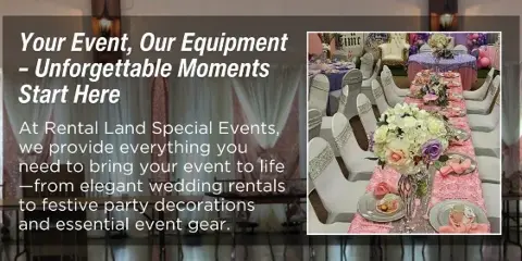 A decorated event table with white chairs, pink table runners, and floral centerpieces.