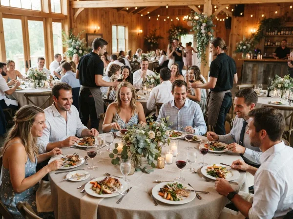 Guests dining at a wedding reception with catering staff serving food in a rustic venue.