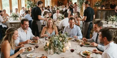 Guests dining at a wedding reception with catering staff serving food in a rustic venue.