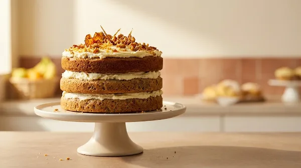 A three-layer cake with cream frosting and nut garnish on a white cake stand.