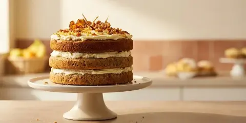 A three-layer cake with cream frosting and nut garnish on a white cake stand.