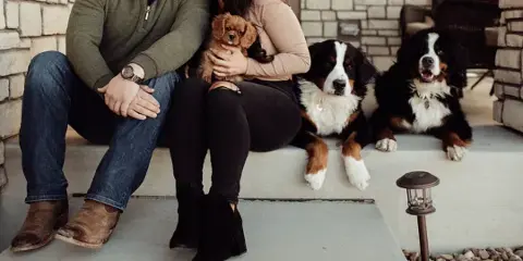 A couple sitting on a porch with three dogs, including a small puppy held by the woman.