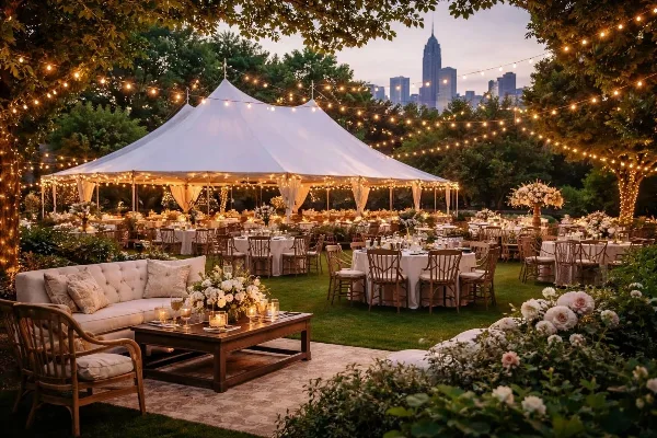 Outdoor wedding reception setup with a large white event tent, round banquet tables with white linens, chairs, floral centerpieces, and string lights.
