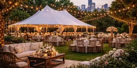 Outdoor wedding reception setup with a large white event tent, round banquet tables with white linens, chairs, floral centerpieces, and string lights.