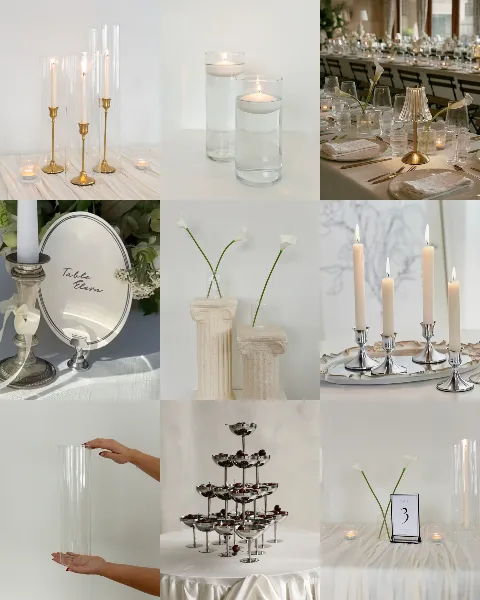 A collage of wedding decor rentals featuring candle holders, table settings, and floral arrangements.