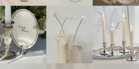 A collage of wedding decor rentals featuring candle holders, table settings, and floral arrangements.
