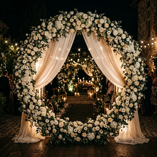 A large wedding arch decorated with white flowers and greenery, featuring draped fabric and illuminated by string lights in an outdoor setting.