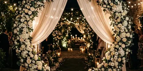 A large wedding arch decorated with white flowers and greenery, featuring draped fabric and illuminated by string lights in an outdoor setting.