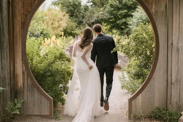 A bride and groom walking away from the camera through a circular wooden garden archway.
