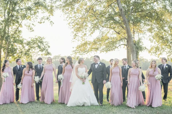 A wedding party consisting of a bride, groom, and attendants posing outdoors on a grassy field.