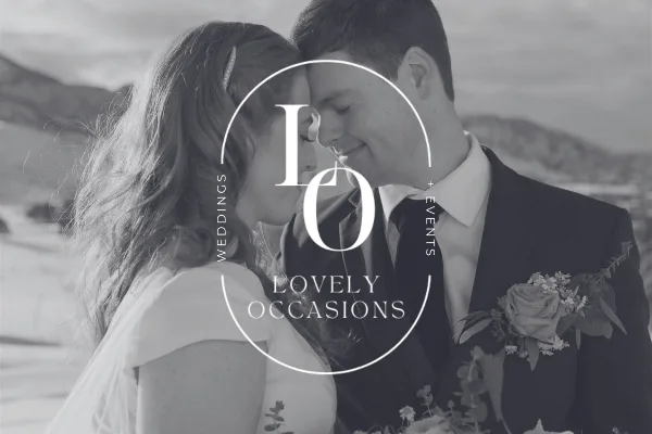 A black and white photograph of a bride and groom touching foreheads, with the 'Lovely Occasions' logo overlaid in the center.