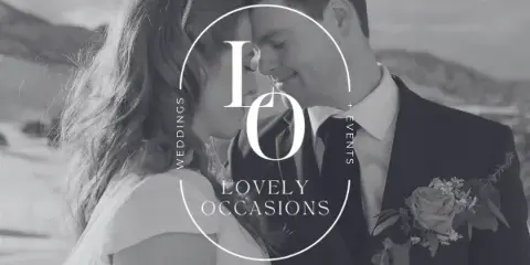 A black and white photograph of a bride and groom touching foreheads, with the 'Lovely Occasions' logo overlaid in the center.