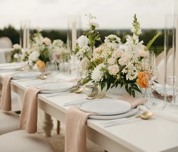 A professionally styled event table featuring white plates, gold cutlery, beige napkins, and a lush floral centerpiece with white and peach roses.