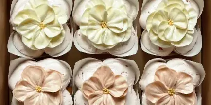 A box of twelve cupcakes decorated with large, piped buttercream flowers in white and pale pink.