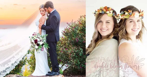 A collage featuring a bride holding a bouquet and two women wearing floral crowns.