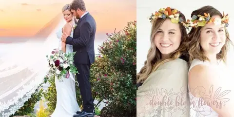 A collage featuring a bride holding a bouquet and two women wearing floral crowns.