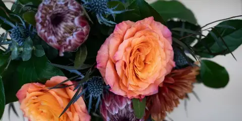 A close-up photograph of a floral arrangement featuring orange roses, maroon proteas, and blue thistles.