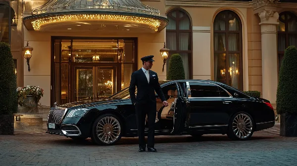 A uniformed chauffeur stands beside a black luxury sedan with the door open at a hotel entrance.